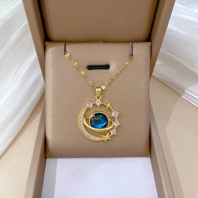 Women's Gold Planet CZ Pendant Necklace