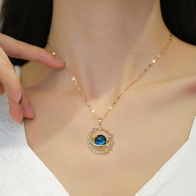 Women's Gold Planet CZ Pendant Necklace