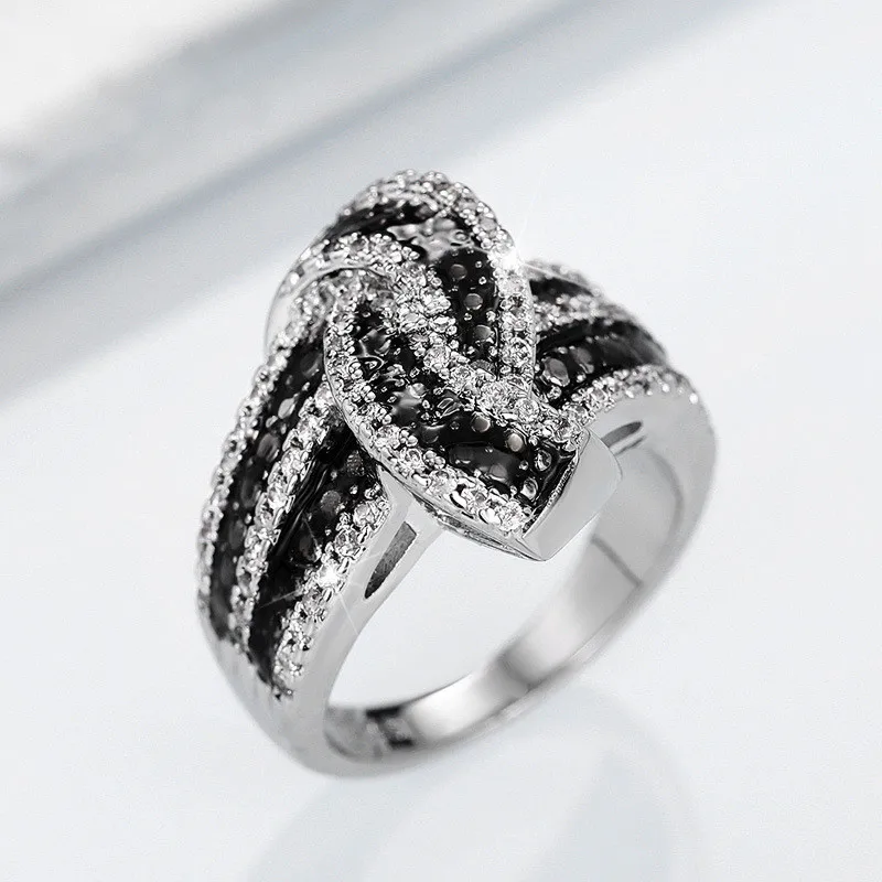 Silver CZ Black/White Twist Ring