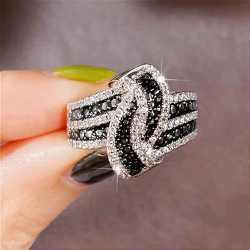 Silver CZ Black/White Twist Ring