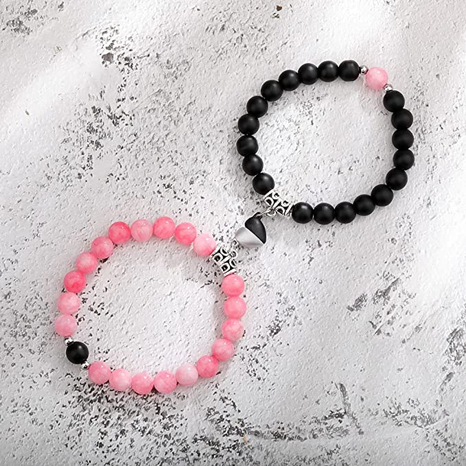 Beaded Bracelets With Magnetic Heart, Set Of 2 Bracelets